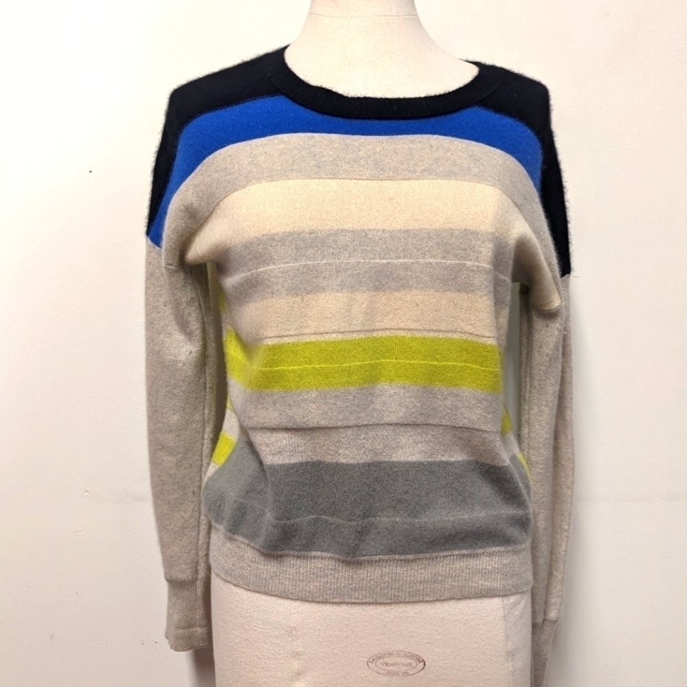 Diane Von Furstenberg DVF Striped Cashmere Sweater with lime yellow S Grey - Picture 3 of 11